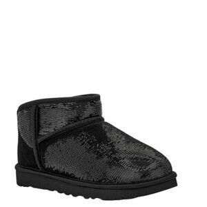NEW UGG Classic Ultra Mini Mirror Ball Boots Womens 11 Black Sequin Disco Fur
